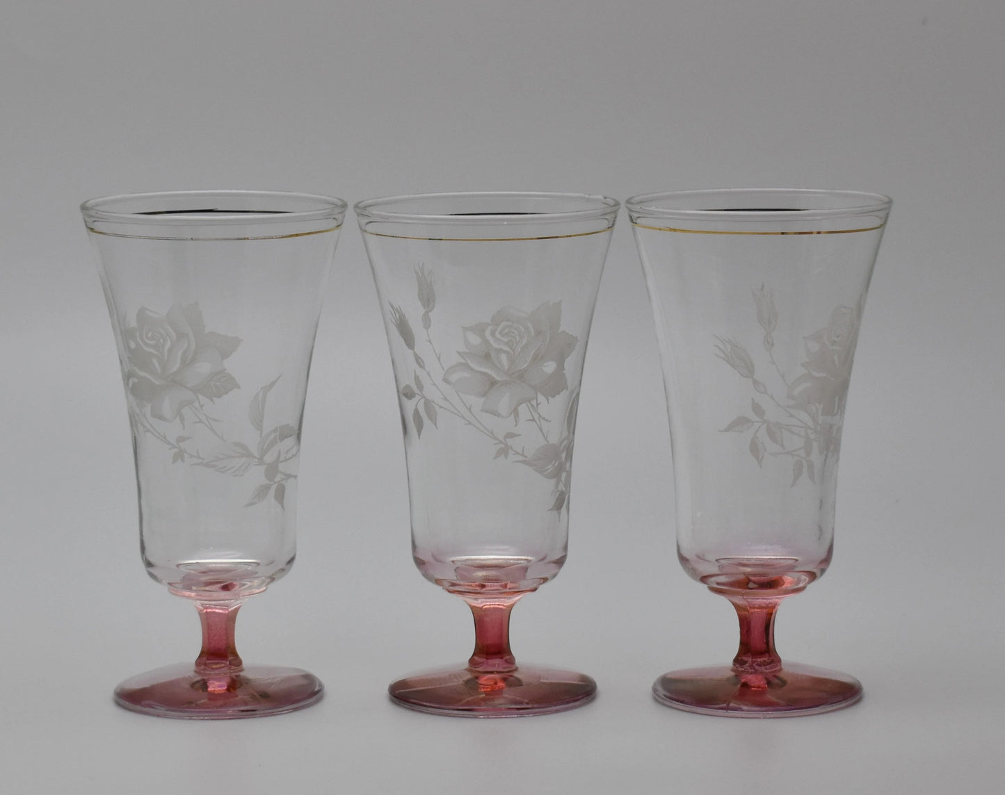 Vintage Rose Etched pink stem and footed parfait glasses. Champagne Flutes. Set of 3