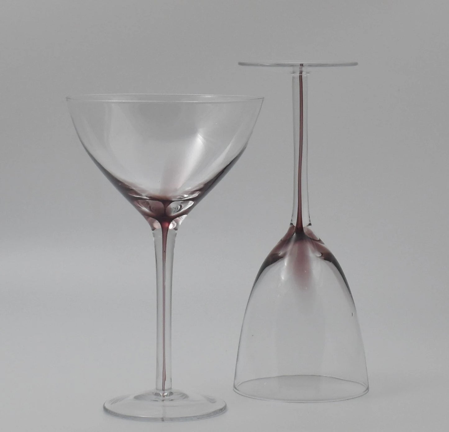 White Wine and Champagne Coupe Glasses with Purple Cased Stem. Set of 2