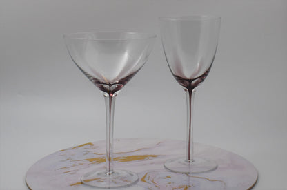 White Wine and Champagne Coupe Glasses with Purple Cased Stem. Set of 2