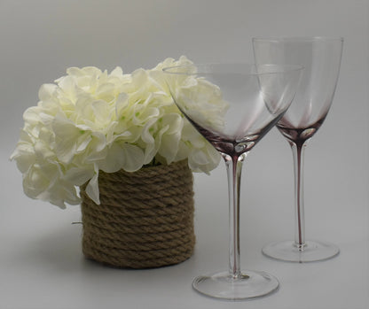 White Wine and Champagne Coupe Glasses with Purple Cased Stem. Set of 2