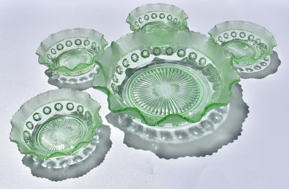 Art Deco - Davidson #269 - Green Glass 'Blackberry Prunt' Bowl Set.