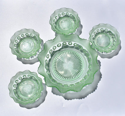 Art Deco - Davidson #269 - Green Glass 'Blackberry Prunt' Bowl Set.