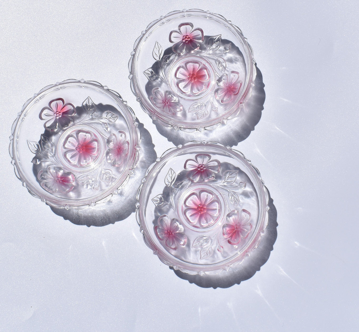 Crystal Vintage Ruffled Bowl Pink Frosted Flower Bowls. Candy Dishes. Set of 3