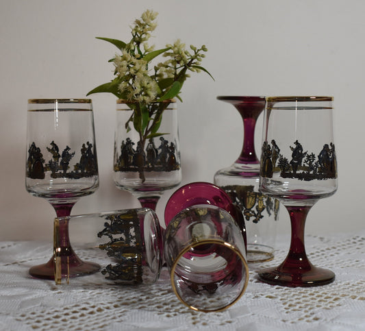 Retro Art Deco Liqueur/Sherry Glasses with Pink stem. Collectors item - 1980's. Set of 6