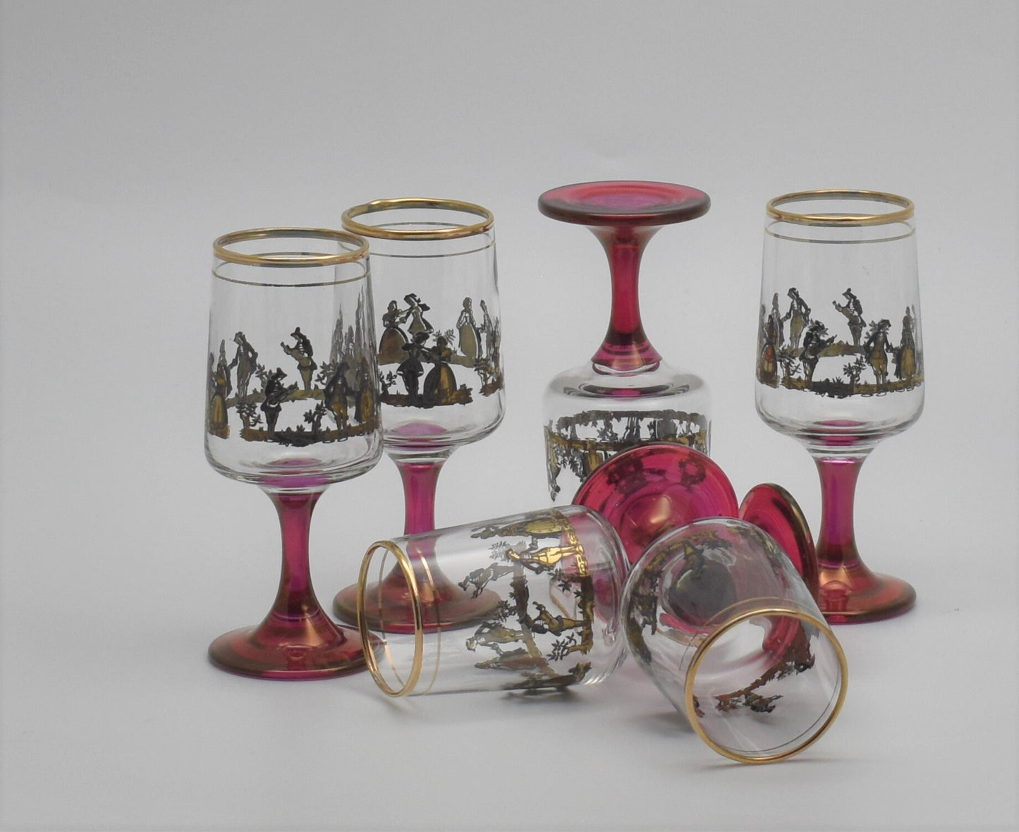 Retro Art Deco Liqueur/Sherry Glasses with Pink stem. Collectors item - 1980's. Set of 6