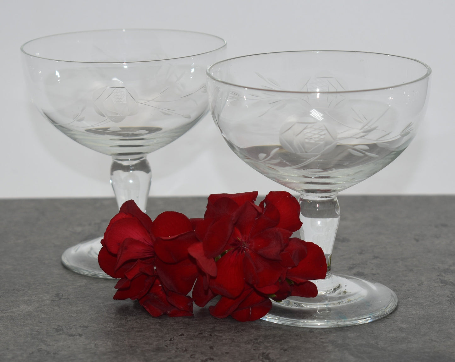 Short Vintage Rose Etched Champagne Coupé Glasses