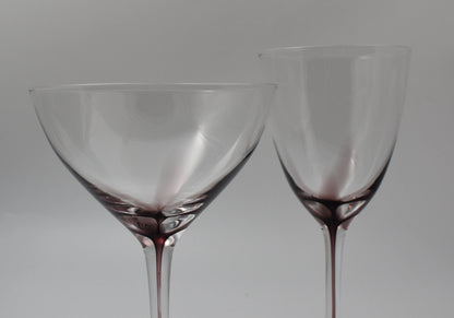 White Wine and Champagne Coupe Glasses with Purple Cased Stem. Set of 2