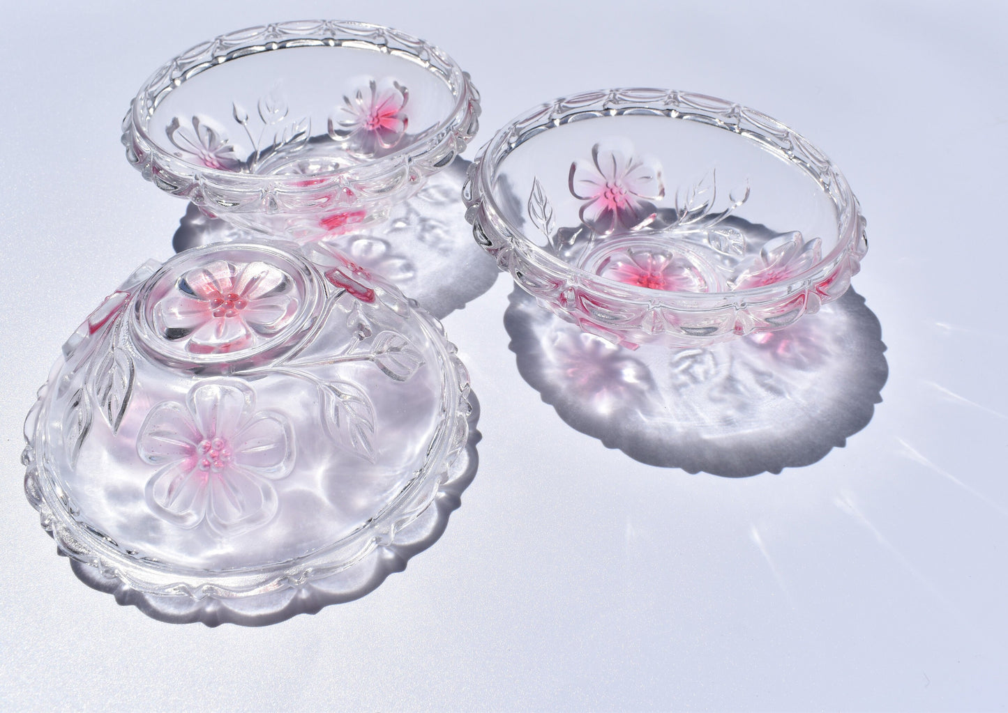 Crystal Vintage Ruffled Bowl Pink Frosted Flower Bowls. Candy Dishes. Set of 3