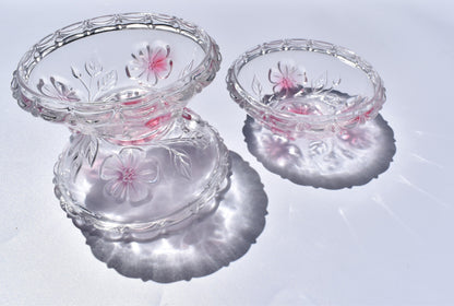 Crystal Vintage Ruffled Bowl Pink Frosted Flower Bowls. Candy Dishes. Set of 3