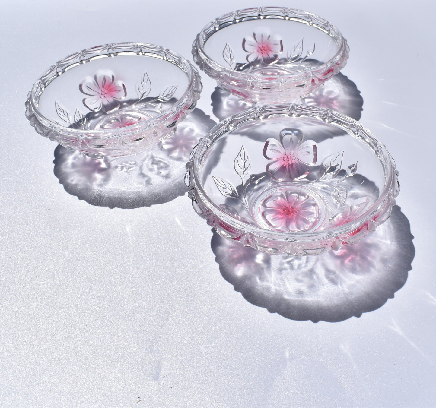 Crystal Vintage Ruffled Bowl Pink Frosted Flower Bowls. Candy Dishes. Set of 3