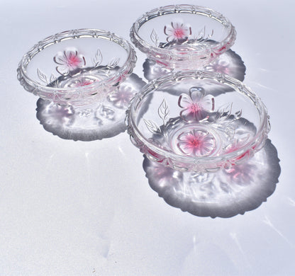 Crystal Vintage Ruffled Bowl Pink Frosted Flower Bowls. Candy Dishes. Set of 3