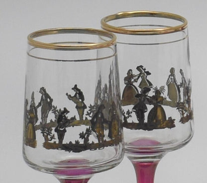 Retro Art Deco Liqueur/Sherry Glasses with Pink stem. Collectors item - 1980's. Set of 6