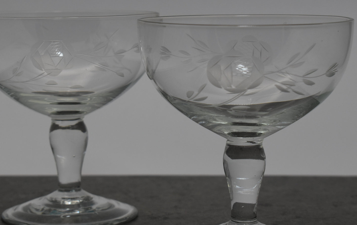 Short Vintage Rose Etched Champagne Coupé Glasses