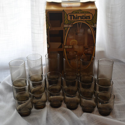 Kaaru “Tasman” 18 piece (Thirsties) boxed set. Glass tumblers - Made in New Zealand. Original packaging Retro glassware