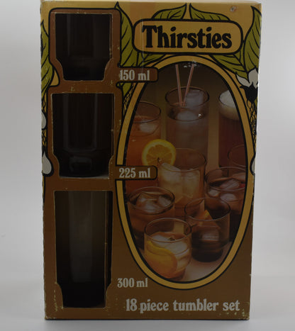 Kaaru “Tasman” 18 piece (Thirsties) boxed set. Glass tumblers - Made in New Zealand. Original packaging Retro glassware