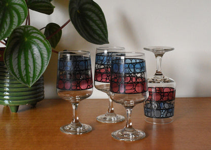 Vintage Wine Glasses. Mid Century Stained Glass design. Set of 4