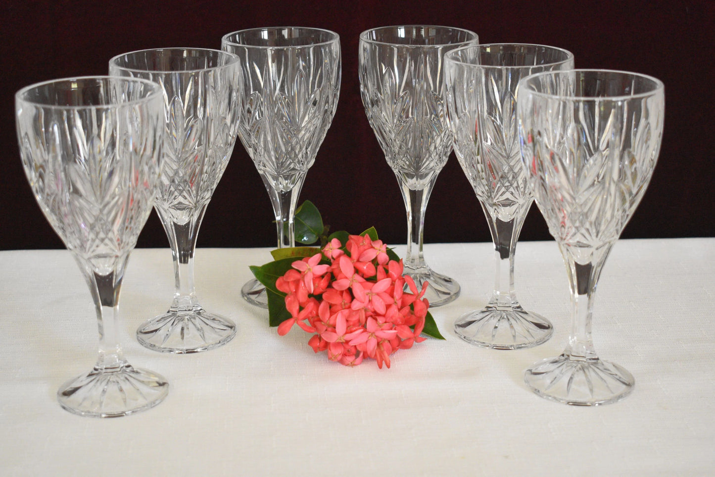 Vintage heavy cut crystal wine glass or water goblet. Set of 6