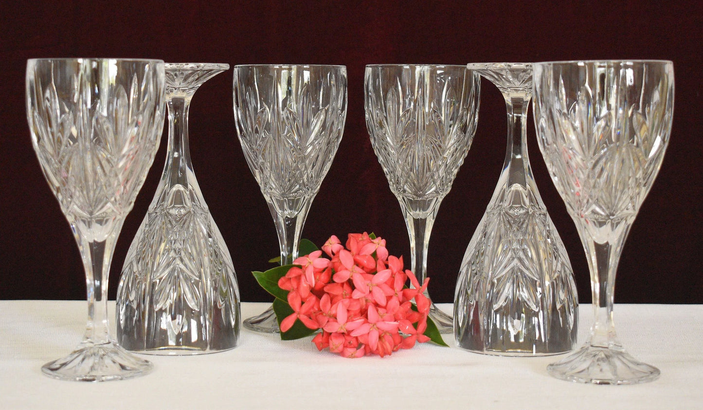 Vintage heavy cut crystal wine glass or water goblet. Set of 6