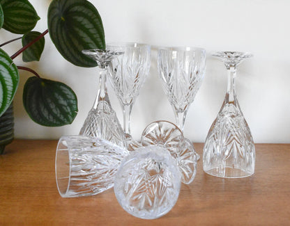 Vintage heavy cut crystal wine glass or water goblet. Set of 6