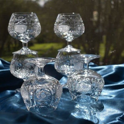 Vintage Steklarska Sola Rogaska Slatina Rocno Delo Crystal Brandy Sniffer/Cognac glasses. Set of 6