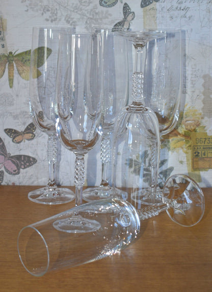 Crystal Lattice criss cross Stem. VERY RARE "Carine" Pattern Tall Champagne Flute Crystal Champagne Flutes/Glasses. Set of 6.