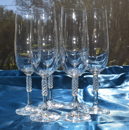 Crystal Lattice criss cross Stem. VERY RARE "Carine" Pattern Tall Champagne Flute Crystal Champagne Flutes/Glasses. Set of 6.