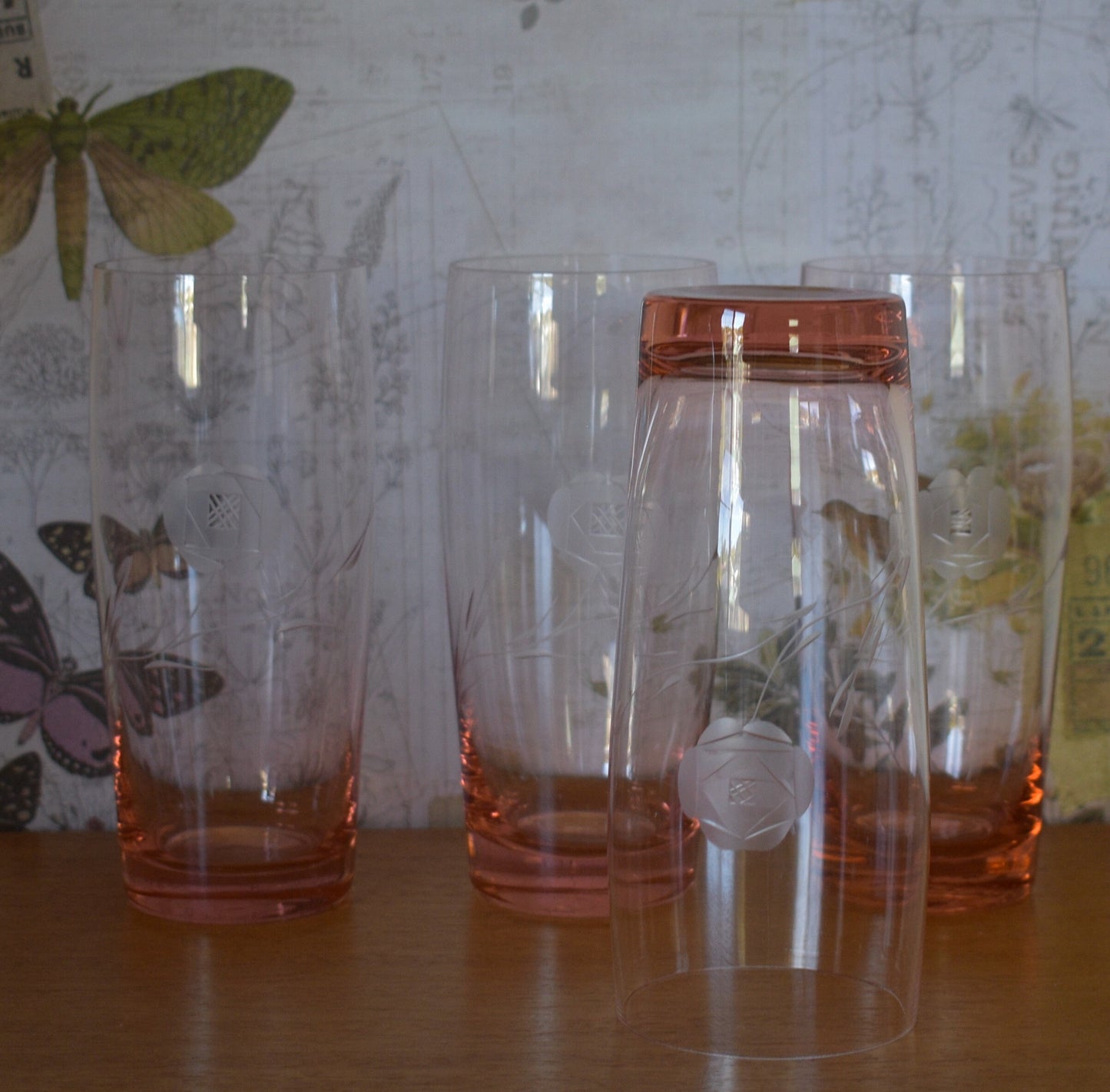 Vintage Midcentury Rose Pink tinted etched glass tumblers. Set of 4