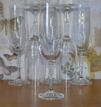 Crystal Lattice criss cross Stem. VERY RARE "Carine" Pattern Tall Champagne Flute Crystal Champagne Flutes/Glasses. Set of 6.