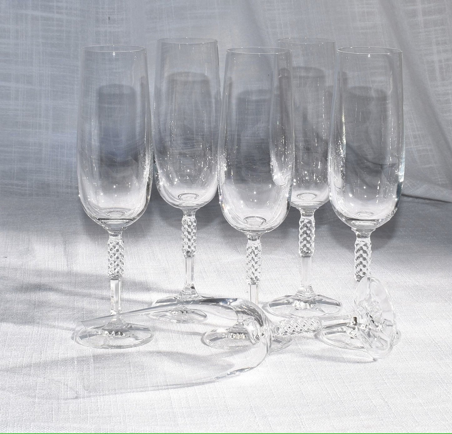 Crystal Lattice criss cross Stem. VERY RARE "Carine" Pattern Tall Champagne Flute Crystal Champagne Flutes/Glasses. Set of 6.