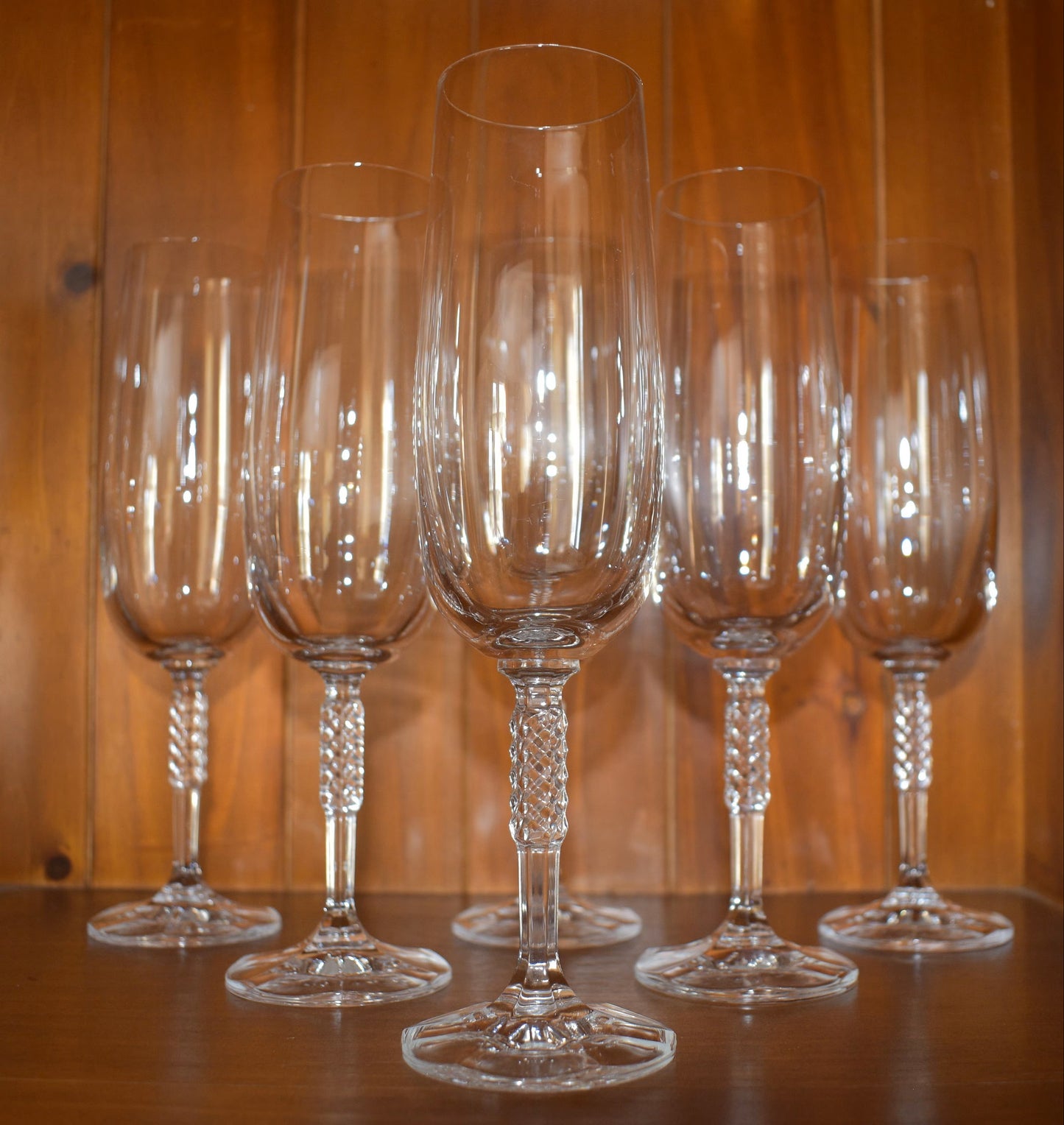 Crystal Lattice criss cross Stem. VERY RARE "Carine" Pattern Tall Champagne Flute Crystal Champagne Flutes/Glasses. Set of 6.