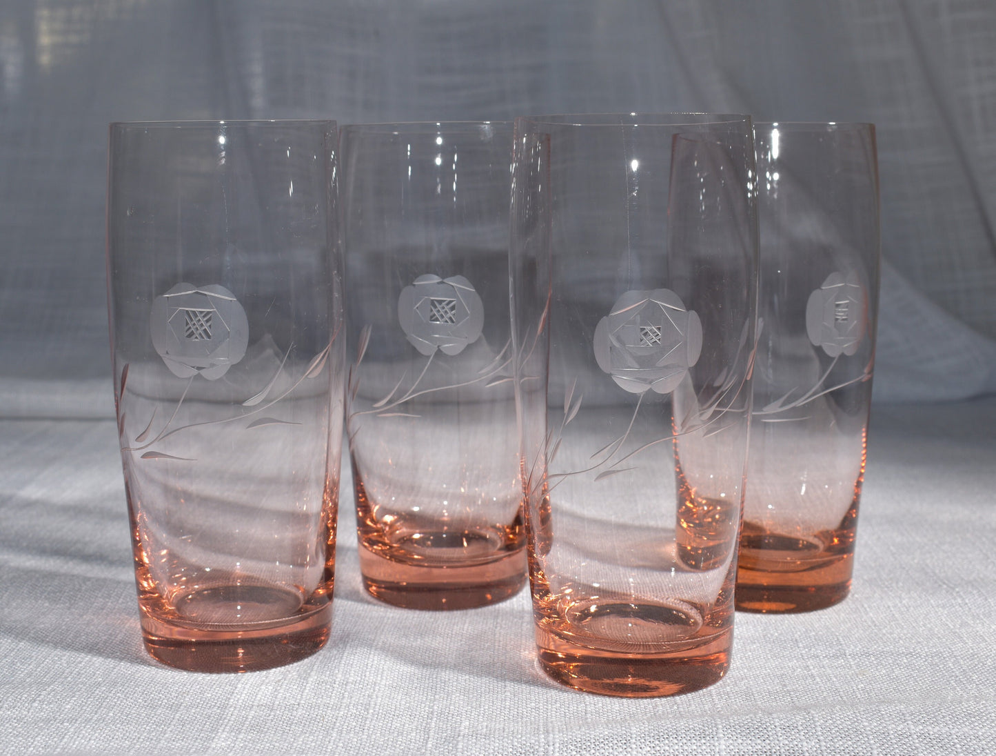 Vintage Midcentury Rose Pink tinted etched glass tumblers. Set of 4