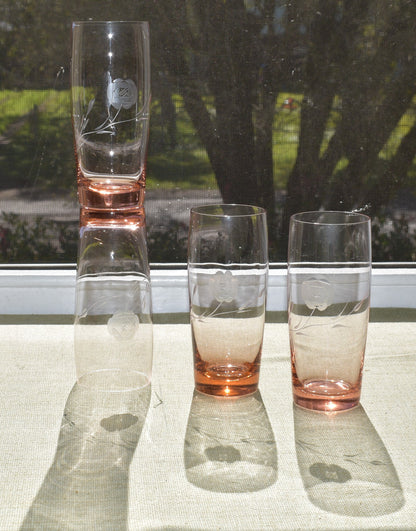 Vintage Midcentury Rose Pink tinted etched glass tumblers. Set of 4