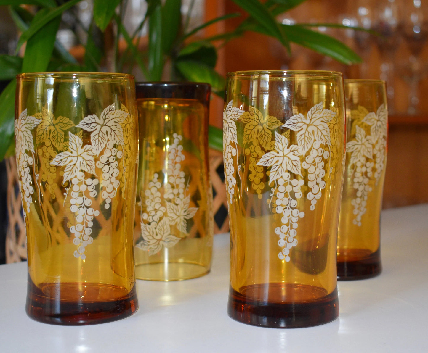 Vintage Amber Tumblers with Grapevine embossed motif x 4