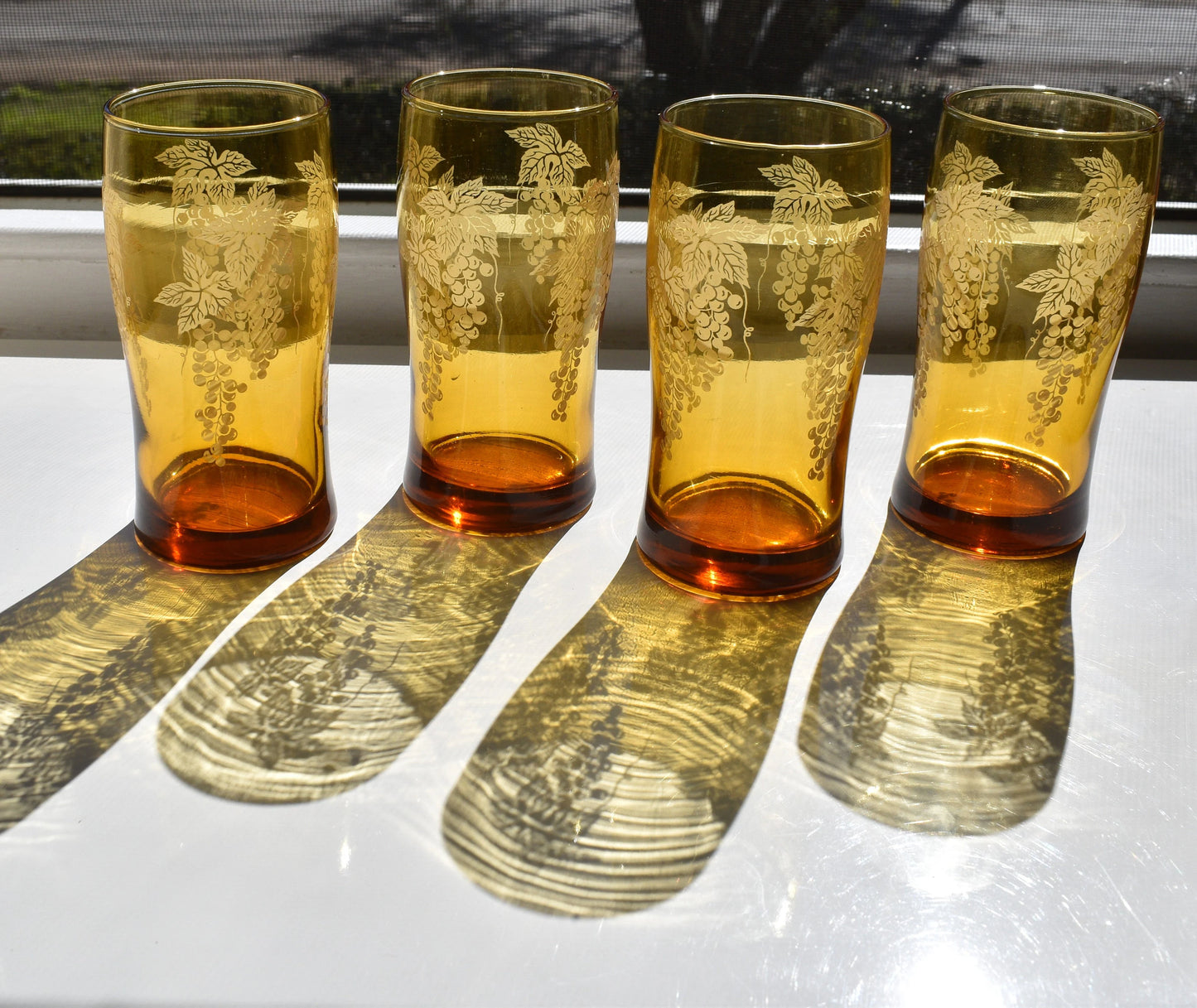 Vintage Amber Tumblers with Grapevine embossed motif x 4