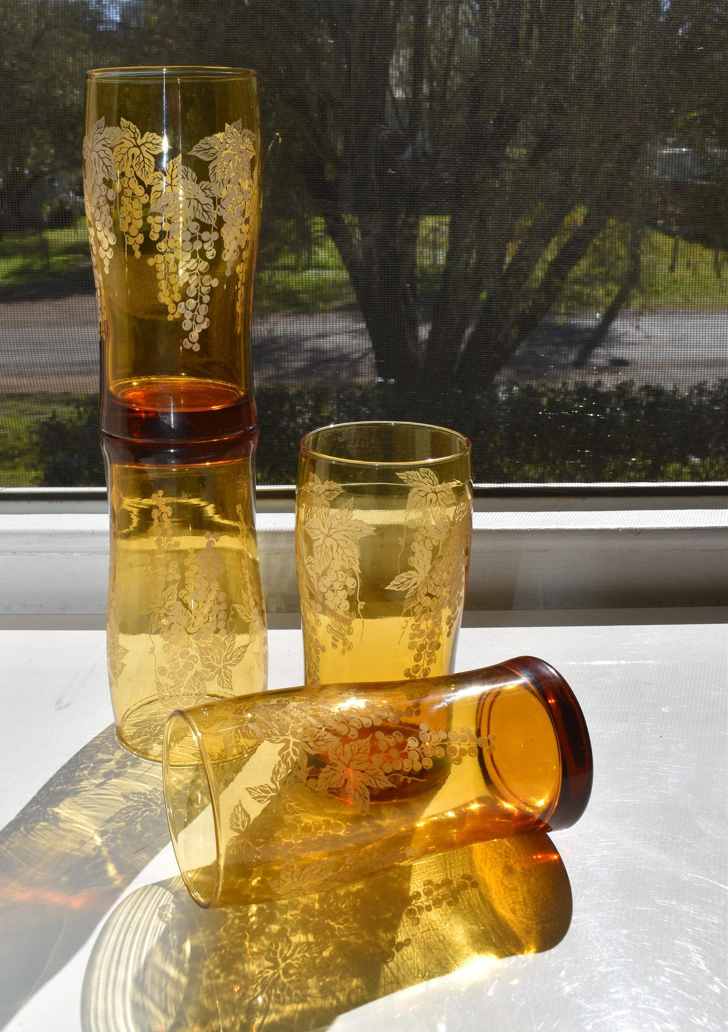 Vintage Amber Tumblers with Grapevine embossed motif x 4