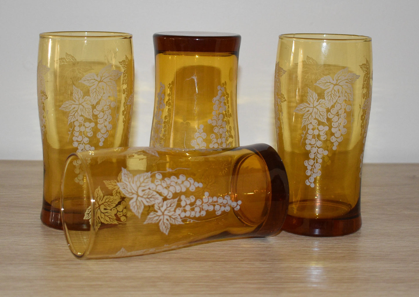 Vintage Amber Tumblers with Grapevine embossed motif x 4