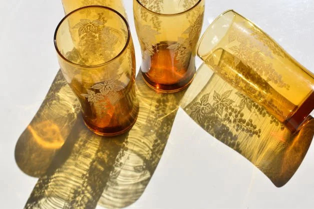 Vintage Amber Tumblers with Grapevine embossed motif x 4