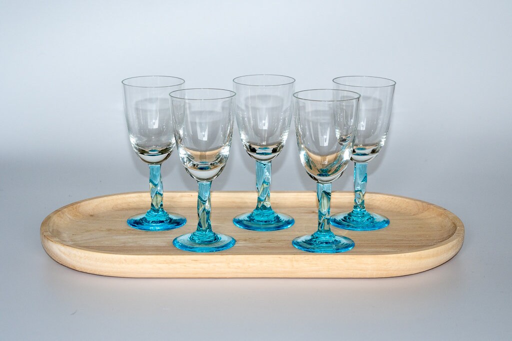 Vintage Ice Blue Twisted Stem Port/Liqueur Glasses. Set of 5