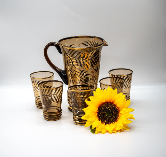 Vintage Amber Water Set With Gold /Silver Plant Fronds and Gold Trim