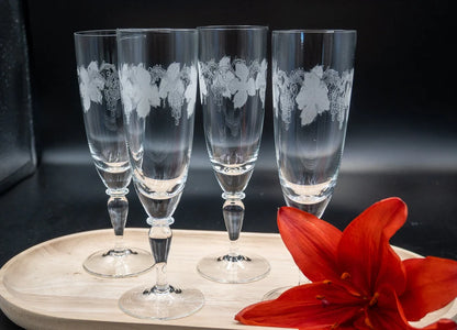 Vintage Grapevine Design Bohemian Crystal Champagne Flutes. Set of 4