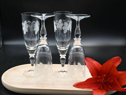 Vintage Grapevine Design Bohemian Crystal Champagne Flutes. Set of 4