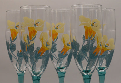 Hand painted France Luminarc Aqua Blue/Teal stemmed Champagne Flutes. Flower motif. Set of 5