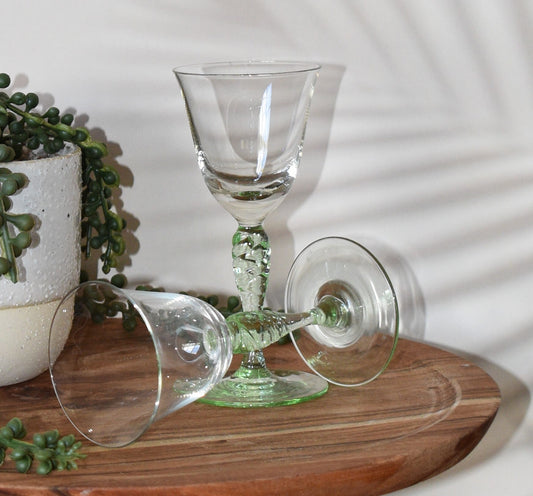 Vintage Sherry/Port/Liqueur Glass with pale green textured stem. Set of 2