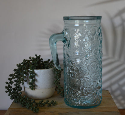 Vetreria Etrusca Green Embossed Fruit Pattern Pitcher.