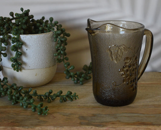 Vintage KIG Smokey Brown Glass Milk Jug, Grape Vine Pattern, KIG Indonesia Glass, Kitchen Decor, Pressed Glass