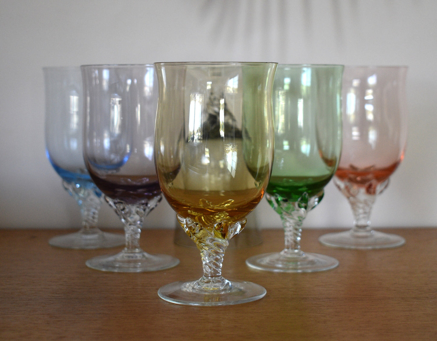 Vintage Harlequin Wine Glasses/Cocktail Glasses/Dessert Glass. Clawed Twist Stem. Astracolor Czechoslovakia. 1950’s. Set of 6