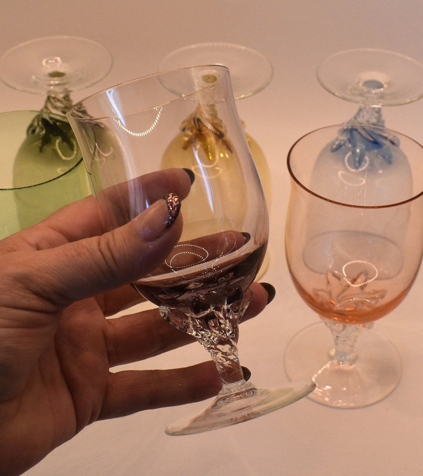 Vintage Harlequin Wine Glasses/Cocktail Glasses/Dessert Glass. Clawed Twist Stem. Astracolor Czechoslovakia. 1950’s. Set of 6