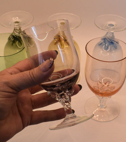 Vintage Harlequin Wine Glasses/Cocktail Glasses/Dessert Glass. Clawed Twist Stem. Astracolor Czechoslovakia. 1950’s. Set of 6