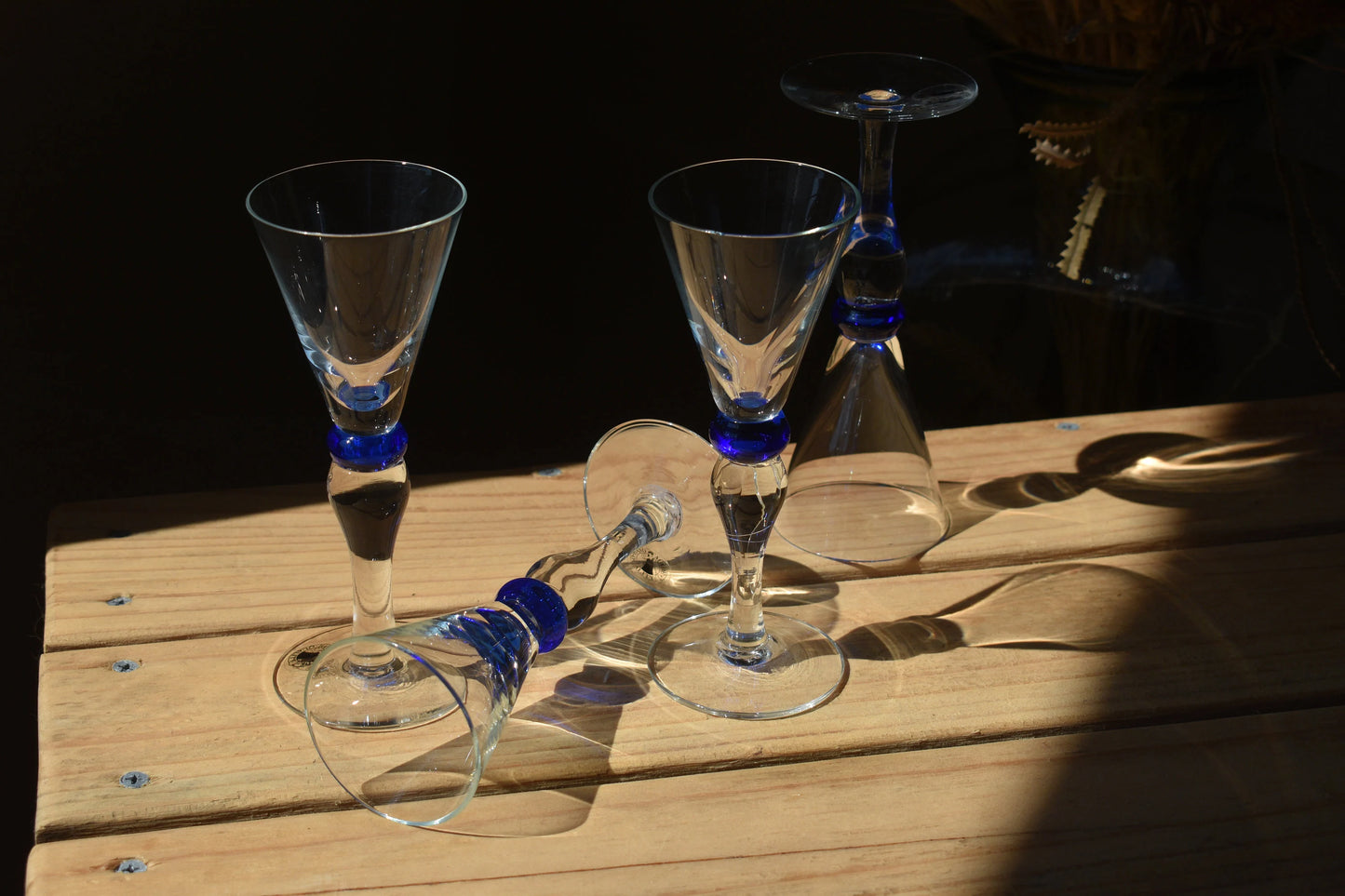 Funky Tall stemmed Shot Glasses with Blue ball stem. Set of 4