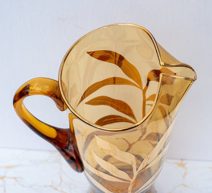 Vintage Amber and Gold leaf motif Water Set. Pitcher with 6 tall tumbler glasses.